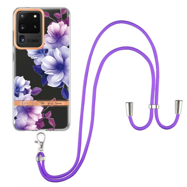 For Samsung Galaxy S20 Ultra 5G Flowers Series TPU Phone Case with Lanyard(Purple Begonia)