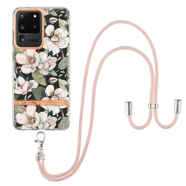 For Samsung Galaxy S20 Ultra 5G Flowers Series TPU Phone Case with Lanyard(Green Gardenia)