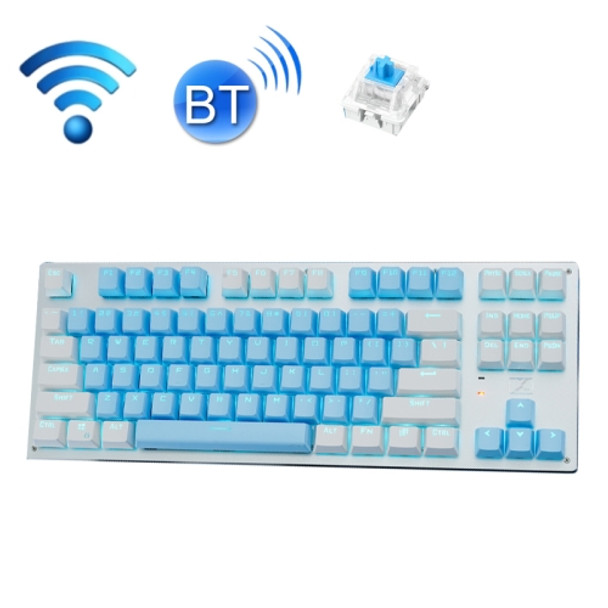 Technology 87-key Wireless Wired Bluetooth Three-mode Gaming Mechanical Keyboard(White Blue Ice Blue Light Green Shaft)