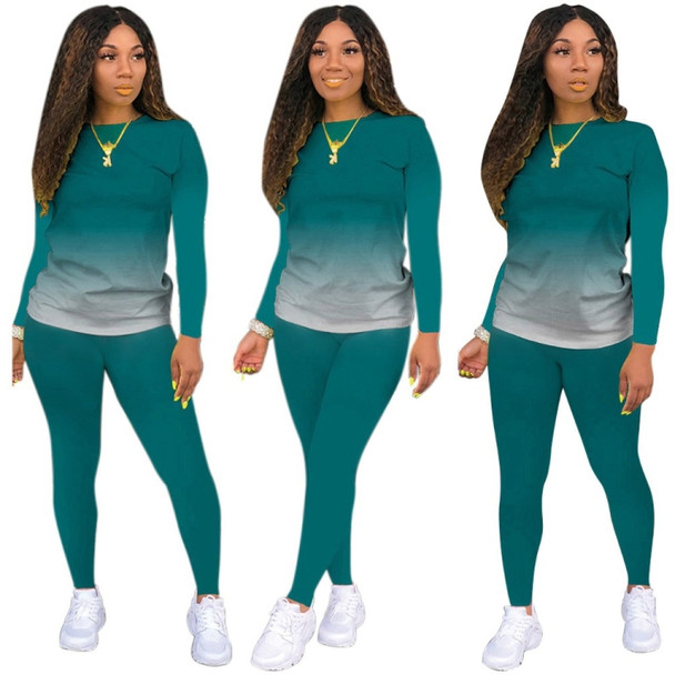 Fall Gradient Casual Long-sleeved Sweatshirt + Trousers Suit For Ladies (Color:Dark Green Size:XXL)