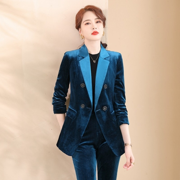 Autumn Winter Smooth Lapel Gold Velvet Fabric Suit Jacket + Trousers Suit for Ladies (Color:Blue Size:S)