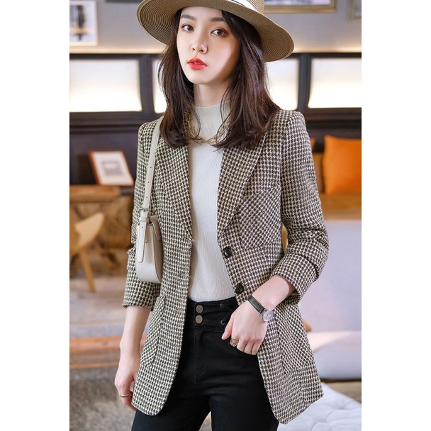 Autumn Houndstooth Suit Jacket For Ladies (Color:Coffee Size:XL)