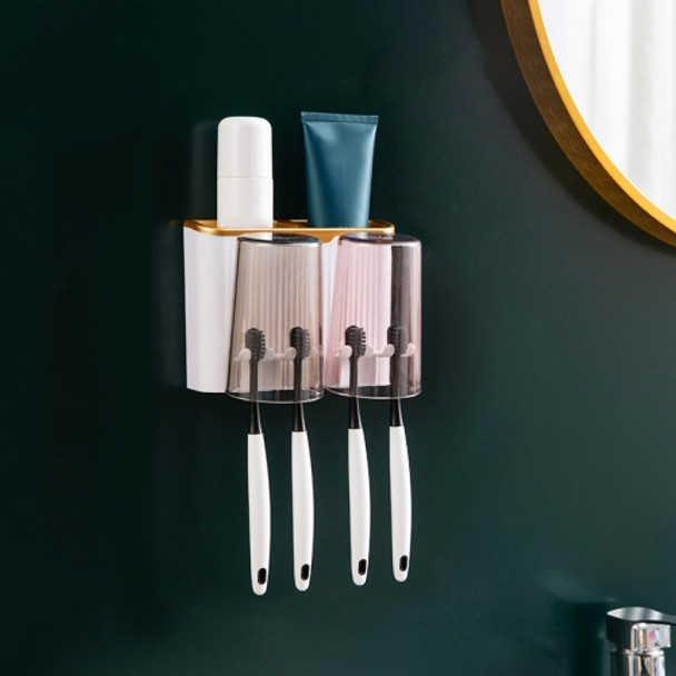 Bathroom Wall-mounted Punch-free Wash Cup Toothbrush Rack Squeeze Toothpaste Set Two Golden(No Squeezer)