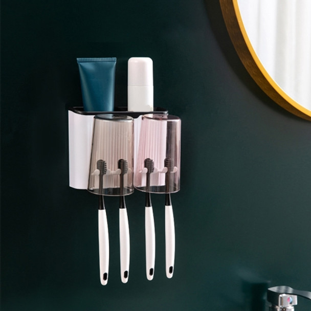 Bathroom Wall-mounted Punch-free Wash Cup Toothbrush Rack Squeeze Toothpaste Set Two Black(No Squeezer)