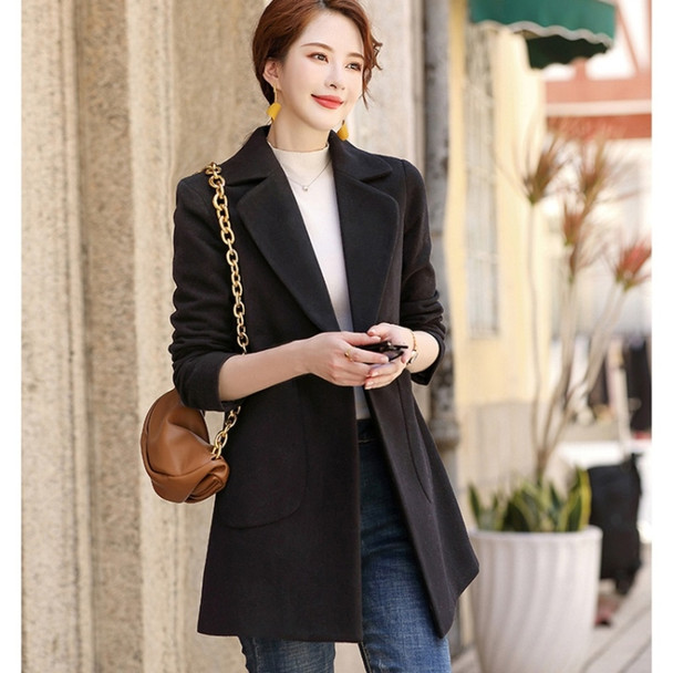 Autumn And Winter Solid Color Woolen Coat For Ladies (Color:Black Size:S)