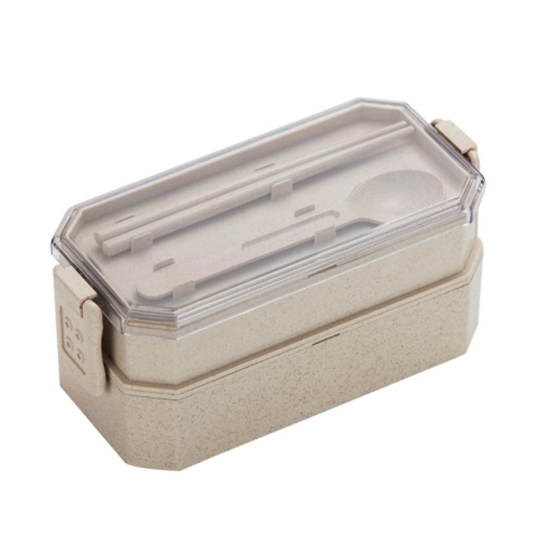 Double-layer Lunch Box Plastic Microwaveable Student Lunch Box Cutlery set(Beige)