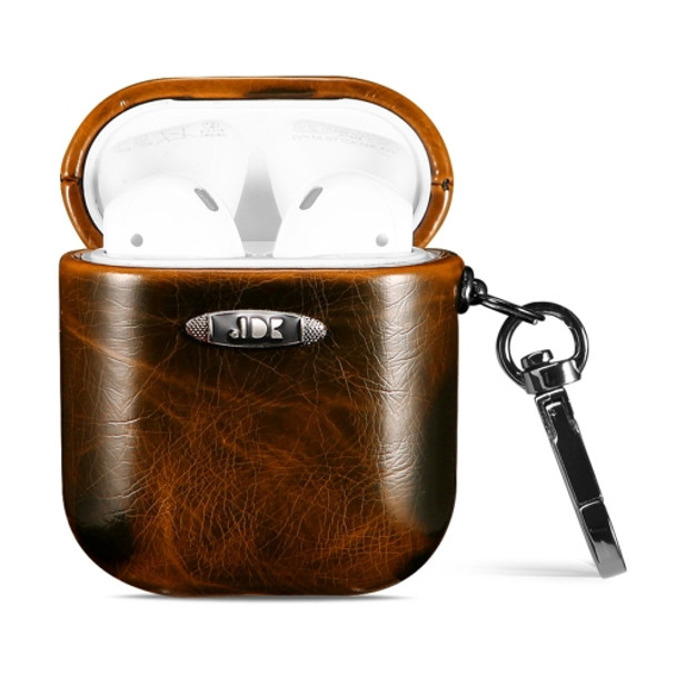 Oil Wax Leather Texture Earphone Protective Case with Hang Buckle For AirPods 1 / 2(Brown)