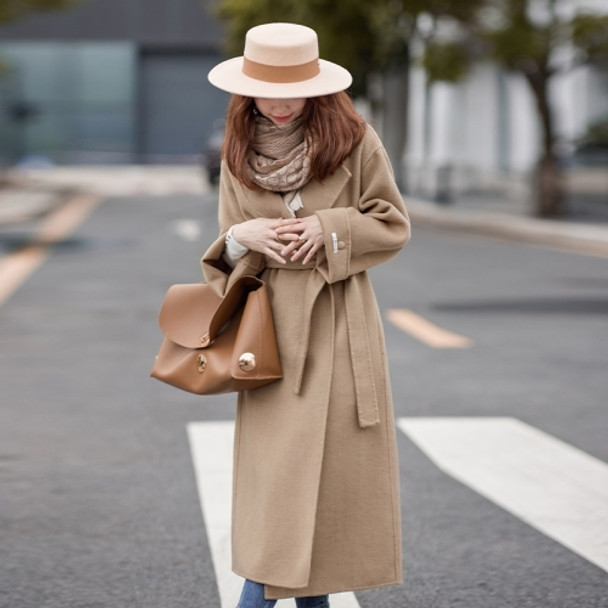 Winter Solid Color Double-sided Mid-length Loose Woolen Coat With Belt for Women (Color:Camel Size:L)