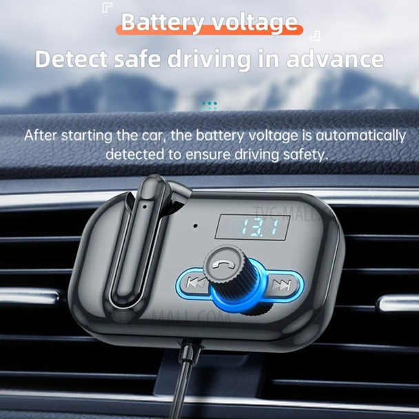 T2 Car MP3 Player Voltage Detection USB-C+USB Ports Car Charger with Bluetooth Headset Coil Wire