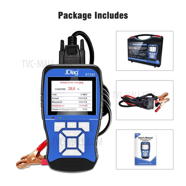 JDIAG BT280 12V 100-2000 CCA Battery Load Tester Automotive Starter Cranking Charging System Digital Analyzer Auto Bad Cell Test Tool for Car/Boat/Motorcycle/Truck