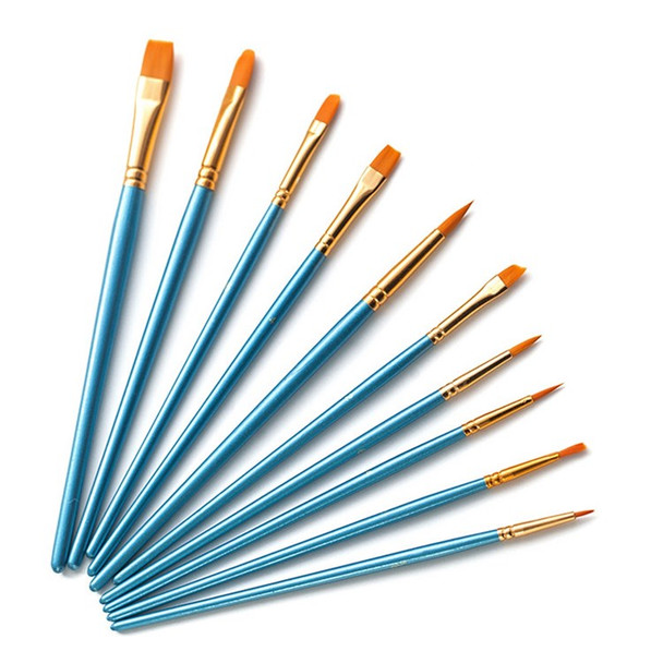 20101510 10Pcs/Set Wood Handle Paint Brushes Acrylic Oil Watercolor Painting Artist Nylon Hair Brushes Kit - Blue