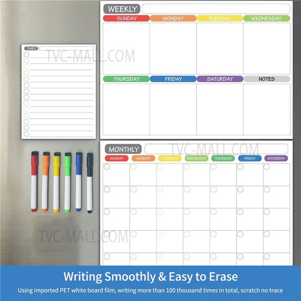 Magnetic Dry Erase Calendar Fridge Whiteboard Flexible Monthly Weekly Daily Calendar Daily Message Stickers with 5 Board Pen + 1 Eraser for Organizer Schedule Planner To-Do List Notepad Wall Set