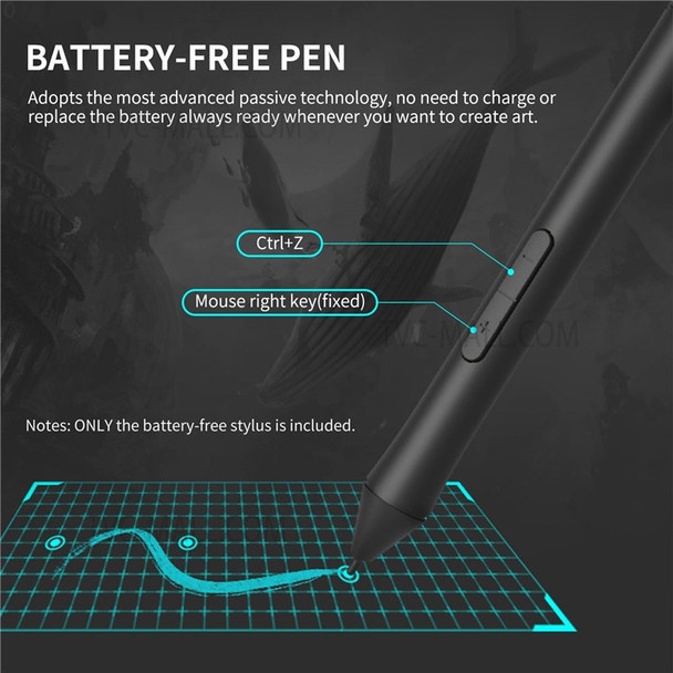 10moons Portable Wireless Battery-free Stylus Pen for T503 G10 Graphic Tablet, 8192 Pressure Levels with 2 Customize Keys