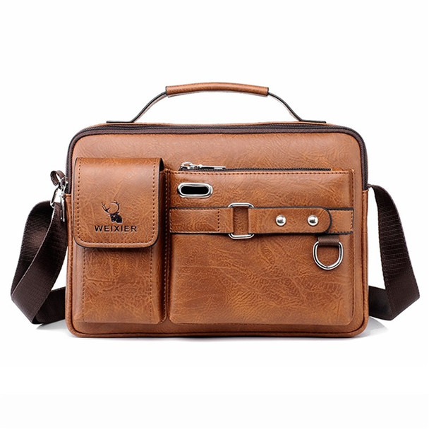 WElXIER  D234 PU Leather Men's Messenger Bag Shoulder Bag Satchel Briefcase with Earphone Hole - Light Brown