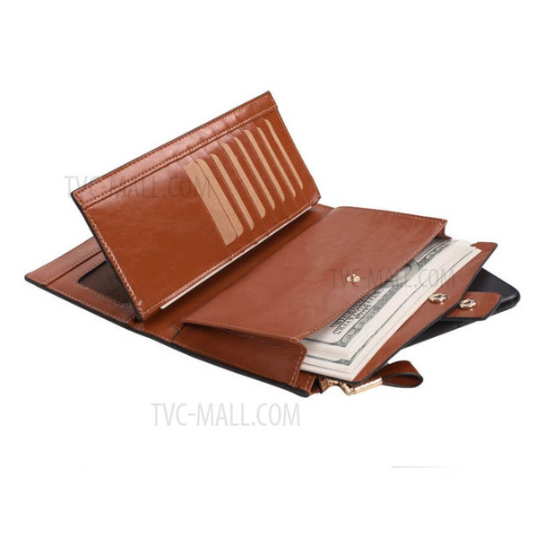 Retro Style Top-layer Cowhide Leather Tri-fold Multipurpose Card Slots Zipper Wallet for Women - Brown