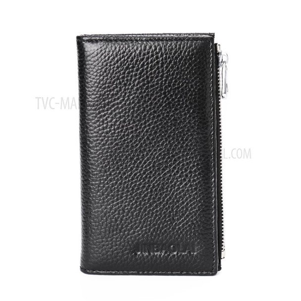 JINBAOLAI Vintage Litchi Texture Genuine Leather Zippered Wallet for Men - Black