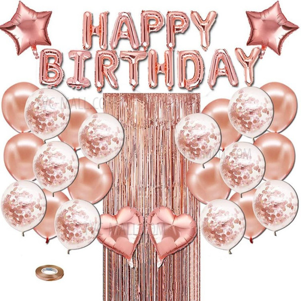 Happy Birthday Balloons Banner Rose Gold Foil Birthday Decorations with Tassels and Ribbons