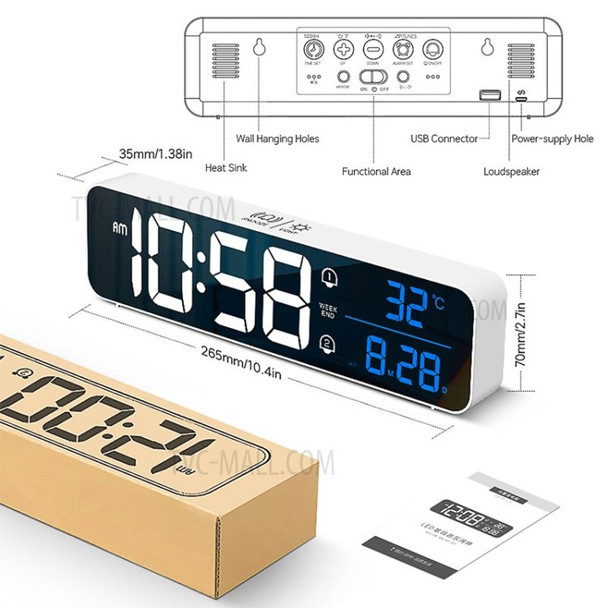 Digital Alarm Clock HD Display Sound Control Dual Alarms Snooze Temperature Volume & Brightness Adjustable Clock - White