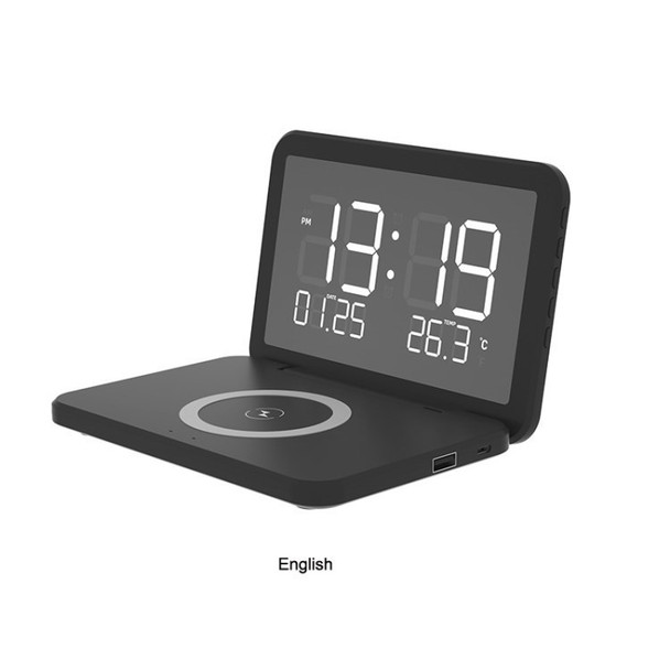 SY-118 Bedside Alarm Clock Temperature Calendar Makeup Mirror 15W Qi Wireless Phone Charger for iPhone Samsung Huawei Xiaomi - Black