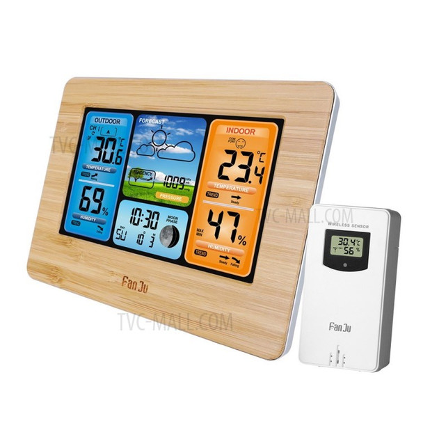 FANJU FJ3373 Multifunction LCD Alarm Clock Weather Station Clock Indoor Weather Forecast Barometer Thermometer Hygrometer Digital Clock with Wireless Outdoor Sensor - Wood