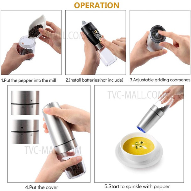 Automatic Salt Pepper Grinder Electric Spice Mill Grinder Seasoning Kitchen Tools with Blue LED Light (without FDA Certification) - 1Pc