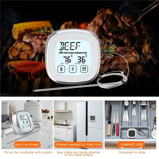 Timer Alarm Function Digital Meat Thermometer for Oven BBQ Grill Kitchen Food Smoker Cooking Sensitive Backlight Touchscreen with Waterproof Long Probe