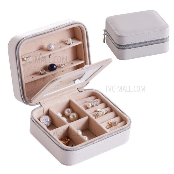 Small Jewelry Box Organizer Rings Earrings Necklaces Storage Case with Makeup Mirror - White