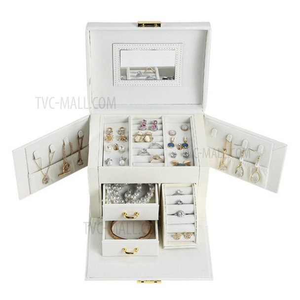 Jewelry Organizer Box PU Leather Jewelry Storage Case with 2 Drawers for Earrings Bracelets Rings - White