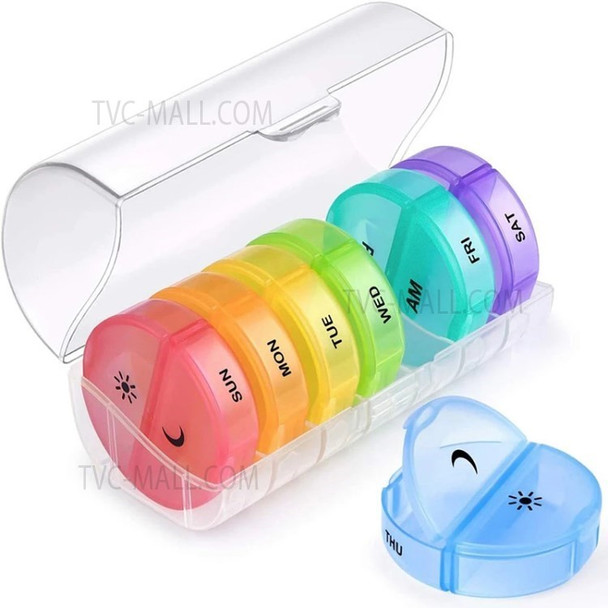 Daily Pill Box Case AM PM for 7 Days Pills Holder Drug Organizer Container (without FDA Certificate) - Clear/Colorful