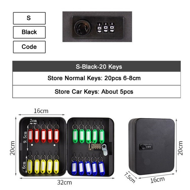 Key Storage Lock Box Wall Mounted Password Safe Box Key Box Organizer for School, Office, Hotel - Password / Black 20 Hooks