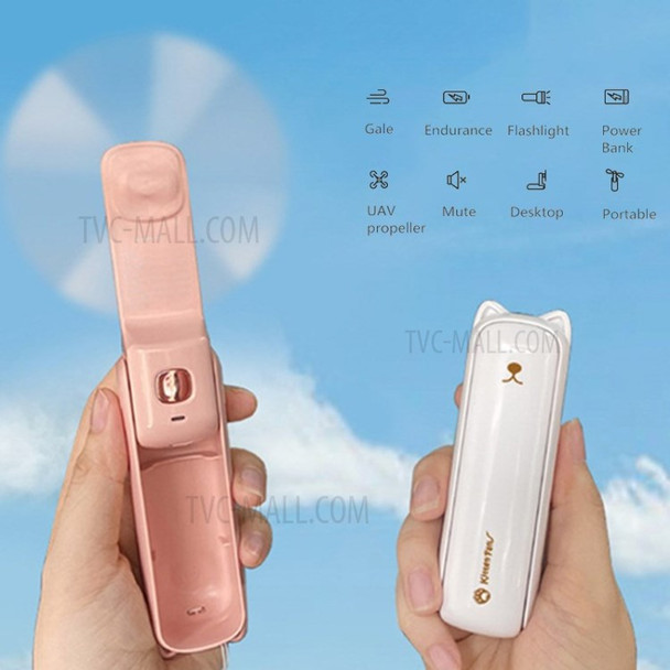 3 in 1 Mini Handheld Cooling Fan Cute Cat LED Flashlight Power Bank for Office Home Travel - White
