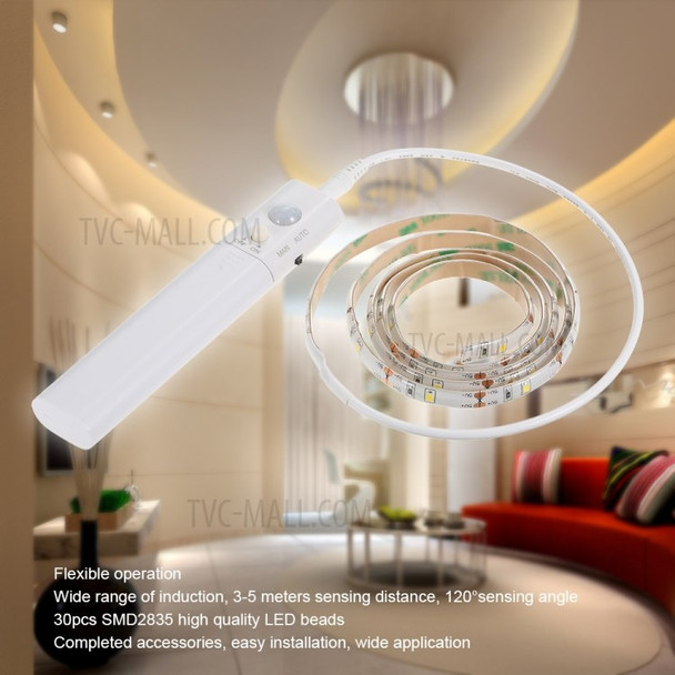 Waterproof  Home Bedroom 1m 30-LED Cabinet Strip Light with Sensitive PIR Motion Sensor - White