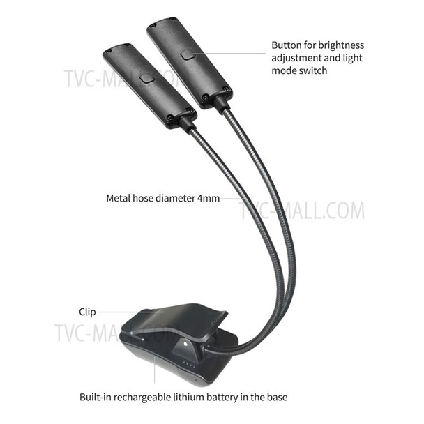 2 Lamp Head Design Rechargeable LED Book Light 3 Color Temperature 3 Brightness Clip On Reading Lamp for Desk Bed Computers