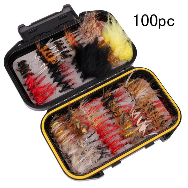 100Pcs Fly Fishing Lures Kit with Box Flies Bait Fly Dry Flies