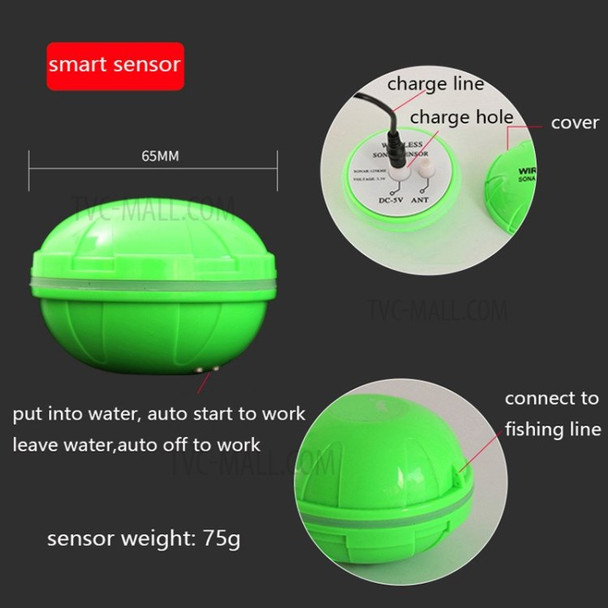 Wireless Fish Finder Transducer Sonar Sensor 164ft Water Depth Finder Echo Sounder - Green