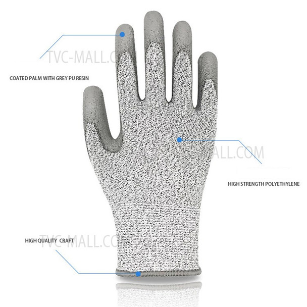 MH-F124 1 Pair PU Coated HPPE 5-Level Cut-Resistant Gloves Industry Hand Protection Full-finger Gloves