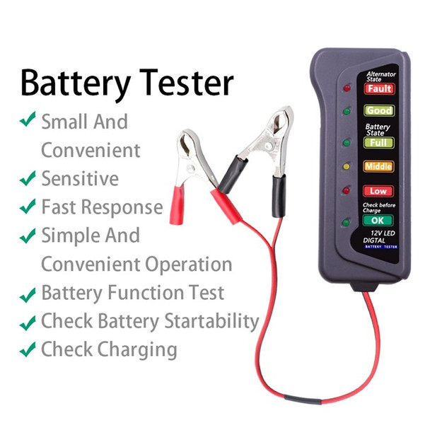 12V E-bike Vehicle Battery Tester with 6 LED Lights Portable Battery Detector for Cars Motorcycles