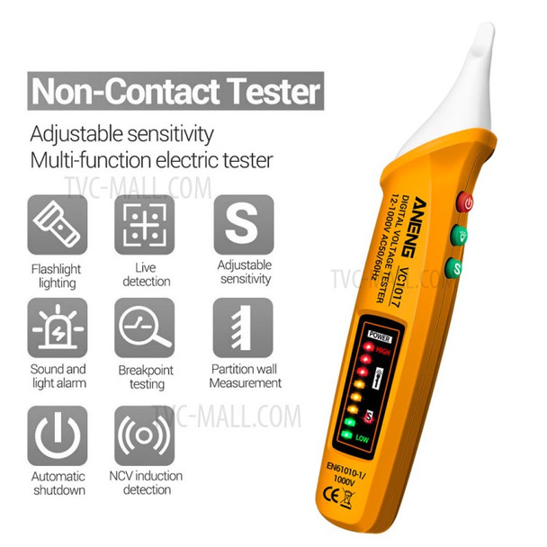 ANENG VC1017 12-1000V Non-contact Sound-light Tester Digital AC Voltage Meter Multimeter Pen - Yellow