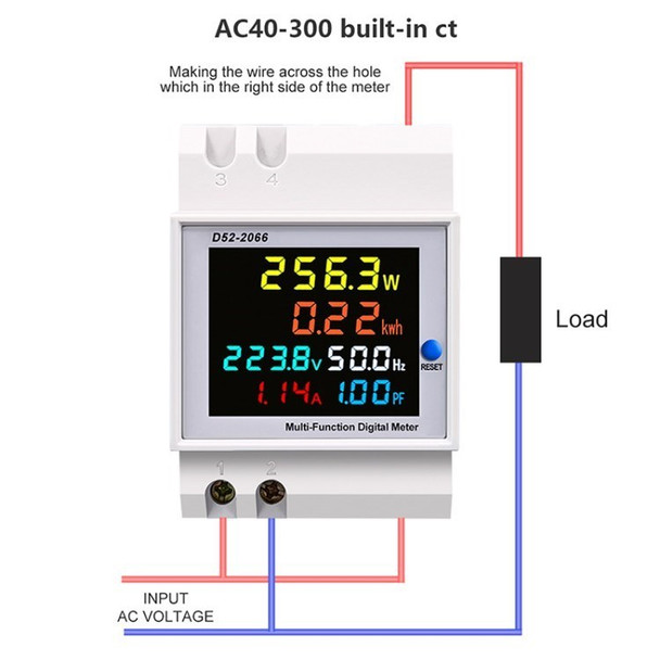 D52-2066 Energy Meter 6-in-1 Din Rail AC Monitor 110V 220V 380V 100A Voltage Current Power Factor  KWH Electric Energy Frequency Meter VOLT AMP - AC 40/300V 100A