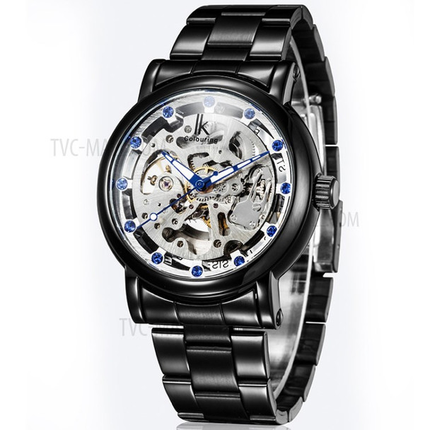 IKCOLOURING Waterproof Rhinestone Men Hollow Automatic Mechanical Movement Watch - Silver/Black Stainless Steel Band
