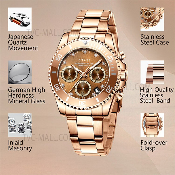 CIVO 8124 Fashion Luminous Hands Quartz Watches Stainless Steel Strap Business Watch for Women - Coffee Dial