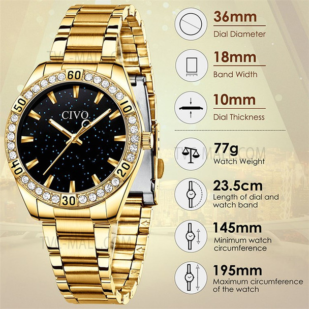 CIVO 8118 Anti-knock Hands Quartz Watches Ladies Fashion Business Watch with Rhinestone Decorated Support 3ATM Waterproof - Gold