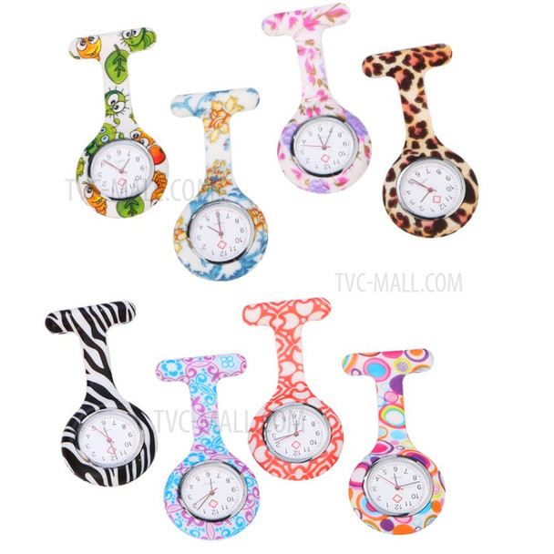 Pocket Silicone Stainless Clip Pin Nurse Fob Quartz Watch - Floral Pattern