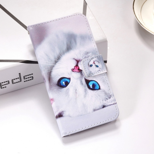 White Cat Pattern Colored Drawing Horizontal Flip Leather Case for Huawei Mate 20 X, with Holder & Card Slots & Wallet & Lanyard