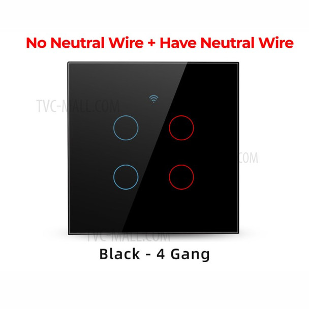 SMATRUL TMW403 EU Plug WiFi+433MHZ Remote Control Smart Touch Timing Countdown Wall Switch for Alexa Google Home, 4 Gang WiFi - Black