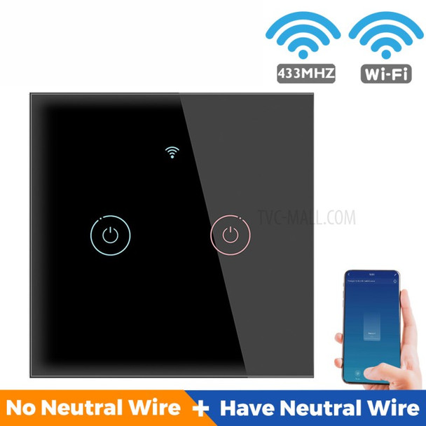 SMATRUL TMW401 Tuya WiFi 433MHZ EU Plug Wireless Touch Wall Switch for Google Home Alexa, 2 Gang WiFi - Black