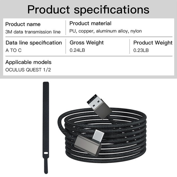 Type-C USB-C Fast Charging Cable for Oculus Quest 2/1 High-Speed Transmission Cable - USB A to C/3m Length