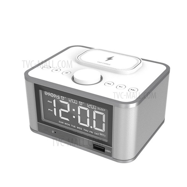 Qi Wireless Charging Bluetooth Speaker Alarm Clock FM Radio Support TF/USB/AUX/LCD - White / US Plug