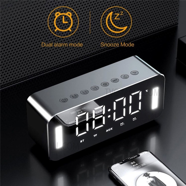 MC-H8 Wireless BT Speaker Alarm Clock/Night Light/Mirror/Temperature Sensor 2500mAh AUX/FM/TF Stereo Bass Music Player - White