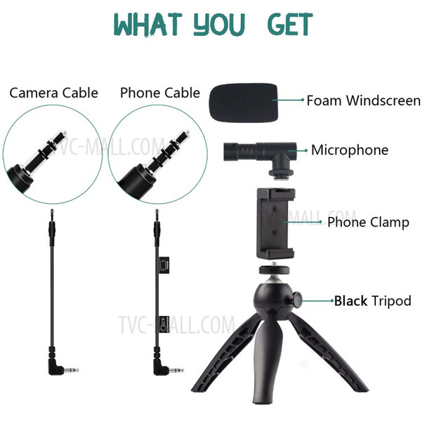 ADAI VK-01 Microphone with Handheld Tripod Phone Clamp Set for 3.5mm Audio Equipment - Black